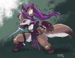 anthro clothed clothing female hair melee_weapon ninja ninja_suit purple_hair solo sword warrior weapon j-fujita caravan_stories kunoichi_(caravan_stories) canid canine fox mammal