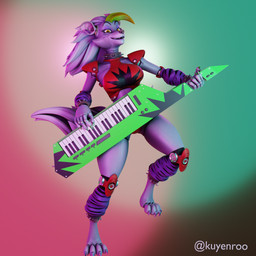 anthro bracelet choker collar curvy_figure female fingers green_hair hair jewelry keyboard_instrument keytar long_hair machine markings musical_instrument necklace purple_body solo spiked_bracelet spiked_collar spikes striped_markings stripes thick_thighs voluptuous yellow_eyes kuyenroo mayosplash_(modeler) five_nights_at_freddy's five_nights_at_freddy's:_security_breach scottgames steel_wool_studios roxanne_wolf animatronic canid canine canis mammal robot wolf 1:1 2025 3d_(artwork) absurd_res blender_(artwork) digital_media_(artwork) hi_res huge_filesize