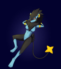 abs anthro areola arm_markings biped black_body black_fur black_hair black_markings black_tail blue_body breasts butt_tuft chest_tuft female fur genitals hair hands_behind_head leg_markings lying markings multicolored_body navel nipples nude pokemorph red_sclera simple_background smile socks_(marking) solo tail thick_thighs tuft vulva wide_hips yellow_eyes yellow_inner_ear yellow_markings yellow_tail tomek1000 nintendo pokemon kirara_(swack16) generation_4_pokemon luxray pokemon_(species) 2015 colored hi_res