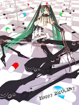 3_fingers bare_shoulders belt blue_eyes bone bone_arm bottomless bottomless_female bottomless_humanoid bra breasts checkered checkered_floor cleavage clothed clothing cosplay crutch cybernetic_eye cybernetics drugs female fingers genitals green_hair hair happy_birthday hat headgear headwear high-angle_view innie_vulva jewelry long_arms long_hair looking_at_viewer lying lying_on_ground machine mechanical_arm mechanical_leg medical_instrument medicine medium_breasts necklace not_furry nurse nurse_clothing nurse_hat nurse_headwear on_ground on_side pills red_cross ribs scientific_instrument seductive skull_necklace solo syringe text twintails_(hairstyle) underwear vulva white_belt white_bra white_clothing white_underwear deino_(artist) vocaloid yamaha_corporation calne_ca hatsune_miku humanoid robot robot_humanoid 2010 3:4 3d_(artwork) autodesk_3ds_max_(artwork) digital_media_(artwork) english_text hi_res