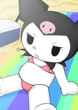 beach black_eyes chibi clothing female fur hood pink_clothing pink_swimwear sitting skimpy_bikini solo sunbathing swimwear white_body white_fur vulapa onegai_my_melody sanrio kuromi my_melody demon lagomorph leporid mammal rabbit absurd_res hi_res