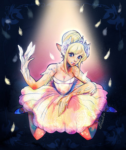 blonde_hair blue_eyes blush breasts clenched_teeth clothing crown dress ear_piercing ear_ring feather_growth feathers female footwear growth hair headgear kneeling piercing ring_piercing shoes simple_background solo species_transformation teeth tiara transformation white_body white_feathers nakitacat avian human mammal 2024 hi_res