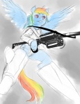 anthro anthrofied blue_body blue_feathers blue_fur feathered_wings feathers female fur gun hair multicolored_hair multicolored_tail parody pink_eyes rainbow_hair rainbow_tail ranged_weapon solo tail weapon wings ottanta friendship_is_magic hasbro my_little_pony mythology strike_witches rainbow_dash_(mlp) equid equine mammal mythological_creature mythological_equine pegasus crossover