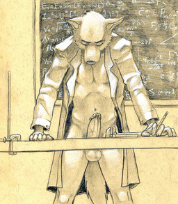 anthro athletic athletic_anthro athletic_male balls big_penis black_nose bottomless chalkboard circumcised clothed clothing coat collarbone crotch_lines detailed_background erection eyes_closed fluffy fluffy_tail genitals holding_object holding_pencil holding_writing_utensil humanoid_genitalia humanoid_penis information_board inside lab_coat male math open_clothing open_shirt open_topwear pencil_(object) penis school shirt solo tail teacher topwear writing_utensil tush_(artist) canid canine canis mammal wolf 2012 graphite_(artwork) monochrome sepia traditional_media_(artwork)