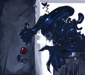 ambiguous_gender ball_gag black_body bodily_fluids drooling fingernails gag glistening glistening_body heart_symbol long_fingernails nails saliva saliva_string scratches solo teeth teeth_showing wall_(structure) chompingbit alien_(franchise) alien xenomorph absurd_res hi_res