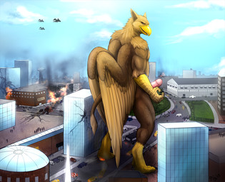 abs anthro beak biceps brown_body brown_fur building building_destruction city city_destruction claws destruction erection extreme_size_difference feathered_wings feathers feet finger_claws fire footprint fur genitals house humanoid_genitalia humanoid_penis looking_at_viewer macro male muscular muscular_anthro muscular_male nude open_mouth outside pawprint paws pecs penile penis rampage size_difference smile solo tail toe_claws toes vehicle vehicle_crash vehicle_destruction wings sepiaflux mythology carpo avian gryphon mythological_avian mythological_creature