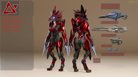 3_fingers 3_toes anthro arm_blade armor avian_caruncle binary_rifle blue_eyes breasts clothing digitigrade dual_wielding dual_wielding_melee_weapons energy_blade energy_weapon explosives face_covered feather_hair feathered_crest feathers feet female fingers front_view full_armor furgonomics glowing glowing_eyes grenade grey_body grey_feathers head_crest headgear helmet highlights_(coloring) holding_object holding_weapon needle_rifle pseudo_hair rear_view red_body red_feathers red_highlights sharp_teeth short_tail simple_background skinsuit solo standing tail teeth text tight_clothing toes weapon synca pickle_juice_(modeler) halo_(series) microsoft xbox_game_studios alien avian kig-yar scalie t'vaoan 16:9 3d_(artwork) colored digital_media_(artwork) english_text hi_res widescreen