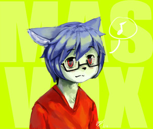 anthro blue_hair chest_tuft clothed clothing eyewear glasses green_background hair inner_ear_fluff kemono male musical_note musical_symbol red_eyes simple_background solo symbol text text_background tuft panzery25 devy_(devil-vox) domestic_cat felid feline felis mammal 2016 hi_res pictographics signature