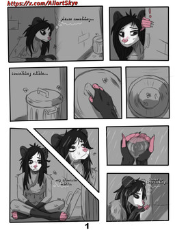 anthro black_hair clothing dirty female fur grey_body grey_fur hair pink_body pink_nose simple_background solo text white_body white_fur allartskye kia_(allartskye) american_opossum mammal marsupial virginia_opossum comic hi_res url