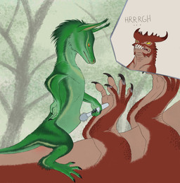abdominal_bulge anthro duo female fur green_body green_fur horn interspecies looking_at_vibrator male male/female multi_arm multi_limb on_top red_body red_scales scales sex sex_toy size_difference vibrator vibrator_on_belly wand_vibrator ramul unknown_species hi_res