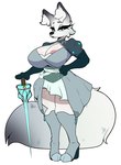 anthro areola areola_slip armwear big_breasts black_armwear black_clothing black_elbow_gloves black_gloves black_handwear blue_eyes boots breasts cleavage clothed clothed_anthro clothed_female clothing dress elbow_gloves female fluffy fluffy_tail footwear fur gloves grey_body grey_boots grey_clothing grey_footwear grey_fur handwear high_heeled_boots high_heels looking_at_viewer melee_weapon multicolored_body multicolored_fur pink_areola shoes solo standing sword tail thick_thighs two_tone_body two_tone_fur weapon white_body white_fur foxgumie arctic_fox canid canine fox mammal true_fox 2025 hi_res