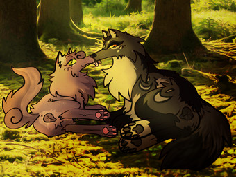 anatomically_correct anatomically_correct_genitalia anatomically_correct_vulva animal_genitalia animal_vulva brown_body brown_fur canine_genitalia canine_vulva detailed_background duo female female/female feral feral_on_feral forest fur genitals kissing licking_tongue lying on_side plant solo text tree vulva wispyvixen canid canine canis mammal wolf 2023 english_text hi_res