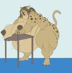 3_toes 5_fingers amber_eyes anthro belly big_belly big_breasts black_nose breasts brown_eyebrows brown_hair brown_nipples eyebrows feet female fingers fur furniture hair inner_ear_fluff navel nipples obese obese_anthro obese_female open_mouth overweight overweight_anthro overweight_female pink_tongue solo spots standing table tail tan_body tan_fur tan_inner_ear_fluff toes tongue tuft luaky cheetah felid feline mammal hi_res