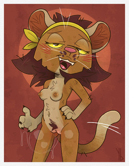 4_fingers anthro areola aroused belly black_claws blush blush_lines bodily_fluids border breasts brown_areola brown_body brown_fur brown_hair brown_nipples brown_tail claws clothing eyelashes fangs female female_anthro finger_claws fingers front_view fur genital_fluids genitals hair half-closed_eyes hand_on_hip hand_on_own_hip headgear headkerchief headwear humanoid_genitalia humanoid_vulva kerchief logo long_hair medium_breasts messy_hair motion_lines multicolored_body multicolored_fur musk narrowed_eyes nipples nude nude_anthro nude_female open_mouth pink_nose pink_tongue pupils red_background red_inner_ear simple_background snout solo standing sweat sweaty_arms sweaty_belly sweaty_face sweaty_legs tail tail_motion tailwag tan_body tan_ears tan_fur tan_tail teeth tongue two_tone_body two_tone_fur two_tone_tail vaginal_fluid_string vaginal_fluids vaginal_fluids_on_hand vaginal_fluids_on_vulva vulva whiskers white_border white_whiskers yellow_eyes yellow_headkerchief yellow_kerchief yaldabroth raegan_(yaldabroth) cougar felid feline mammal 2025 artist_logo portrait three-quarter_portrait