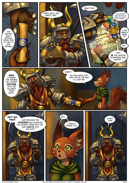 anthro armor beard clothed clothing dialogue duo facial_hair female fur green_eyes happy headgear helmet horn horned_helmet male red_beard red_facial_hair scroll simple_background smile speech_bubble stubborn suspicion tail text weapon hunnter blizzard_entertainment warcraft vicky_the_vulpera canid canine dwarf fox humanoid mammal vulpera absurd_res comic digital_media_(artwork) english_text hi_res