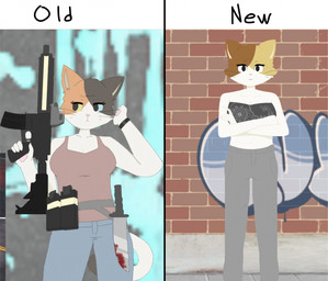 anthro belt biped blood blood_on_knife bodily_fluids bottomwear clock clothed clothing crop_top denim denim_bottomwear denim_clothing facial_markings female front_view fully_clothed graffiti graffiti_on_wall gun head_markings holding_gun holding_object holding_ranged_weapon holding_weapon jeans knife markings pants ranged_weapon shirt solo standing tank_top topwear watch weapon wristwatch cookiespug hana_(cookiespug) hana_yeong_soon felid feline mammal digital_media_(artwork) hi_res model_sheet portrait three-quarter_portrait