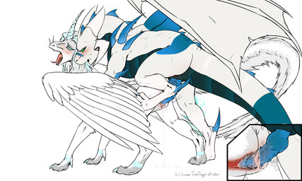 arm_spikes bite blue_eyes blue_hair blue_markings blue_penis blush bodily_fluids duo erection feathers female female_on_bottom female_penetrated feral feral_on_bottom feral_on_feral feral_on_top feral_penetrated feral_penetrating feral_penetrating_feral from_behind_position fur genital_fluids genitals green_eyes hair horn internal internal_vaginal knot leaking_vagina male male/female male_on_top male_penetrating male_penetrating_female markings mounting neck_bite on_bottom on_top penetration penile penile_penetration penile_spines penis penis_in_vagina pink_vulva precum rough_sex sex shoulder_spikes spikes spikes_(anatomy) step_position tail thrusting tongue tongue_out vaginal vaginal_fluid_string vaginal_fluids vaginal_fluids_on_penis vaginal_fluids_puddle vaginal_penetration vulva white_body white_feathers white_fur wings jazzthetiger european_mythology mythology kyrius_(character) traz dragon furred_dragon furred_scalie mythological_creature mythological_scalie scalie western_dragon 5:3 absurd_res hi_res