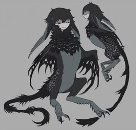 ambiguous_gender black_body black_claws black_eyes black_feathers black_fur black_hair black_mane black_tail blush bodily_fluids claws feathered_ears feathers fur grey_background grey_body grey_ears grey_feathers grey_fur hair humanoid_face insect_legs lying mane multicolored_body multicolored_feathers multicolored_fur nervous nervous_sweat on_front simple_background sitting solo sweat tail text underbelly wavy_mouth winged_arms wings jejejunum european_mythology greek_mythology mythology wither_(jejejunum) avian harpy mythological_avian mythological_creature nethermare 2025 character_name digital_drawing_(artwork) digital_media_(artwork) english_description english_text hi_res model_sheet multiple_images