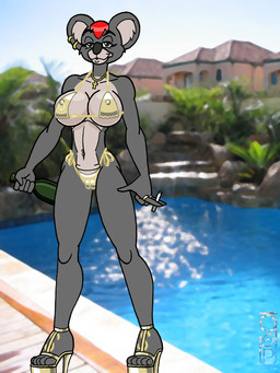 5_fingers 5_toes anthro big_breasts bikini biped breasts building camel_toe cigarette clothed clothing cross eyebrows eyelashes feet female fingers footwear high_heels house humanoid_hands jewelry navel navel_piercing necklace nipple_piercing nipples piercing plantigrade platform_footwear platform_heels poolside ring shoes skimpy smoking solo swimming_pool swimwear toes two-piece_swimsuit water greg_panovich koala mammal marsupial vombatiform 3:4