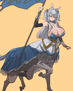 big_breasts breasts clothed clothing eyebrows eyelashes female flag flag_(object) fur grey_body grey_fur grey_hair hair hooves huge_breasts quadruped solo bow_(artist) european_mythology greek_mythology mythology centaur equid equid_taur humanoid_taur mammal mammal_taur taur 2026