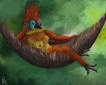 5:4 absurd_res anthro birdtember blue_face breasts feathers female forest green_background hammock hi_res hoatzin jungle plant simple_background sitting solo speedpaint spiky_feathers tree yenocwolf