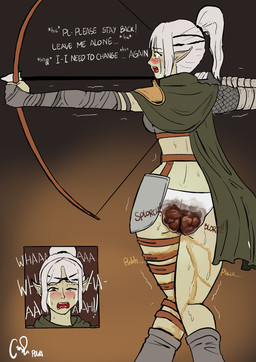 accident anthro begging bodily_fluids bow_(weapon) butt clothing crying embarrassed fantasy fear_peeing fear_pooping feces feces_in_ass female genital_fluids green_body green_skin humanoid_pointy_ears onomatopoeia panties peeing peeing_on_self pointy_ears pooping ranged_weapon scared shaking soiled soiled_panties soiling soiling_panties soiling_underwear solo sound_effects tears text trembling underwear urine urine_on_leg urine_on_self urine_stream wailing weapon wet wet_clothing wet_panties wet_underwear wetting wetting_bottomwear wetting_panties polapola elf absurd_res hi_res