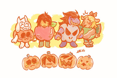 ambiguous_gender anthro apple_costume barefoot blush bone boots candy_costume clothed clothing emanata feet female flash_emanata food footwear freckled_face freckles fruit group hair hair_over_eyes hand_holding happy holidays hooves jack-o'-lantern male plant pumpkin pumpkin_costume shoes skull unguligrade aznpew deltarune halloween undertale_(series) kris_dreemurr noelle_holiday ralsei susie_(deltarune) bovid caprine darkner deer goat human mammal monster new_world_deer reindeer scalie 2025 colored digital_media_(artwork)