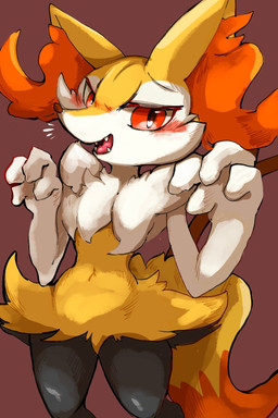 4_fingers ambiguous_anthro ambiguous_gender anthro arm_tuft biped black_body black_fur blush cheek_tuft chest_tuft cute_fangs digitigrade dipstick_tail emanata eyebrows eyelashes facial_tuft fangs fingers front_view fur inner_ear_fluff looking_at_viewer markings multicolored_body multicolored_fur navel nude_ambiguous nude_anthro object_in_tail open_mouth open_smile orange_body orange_eyes orange_fur orange_nose orange_tail pointy_ears prick_ears rawr shoulder_tuft simple_background smile snout solo stick stick_in_tail tail tail_markings teeth tongue tuft two_tone_tail white_body white_fur yellow_body yellow_fur yellow_tail izon448 nintendo pokemon braixen canid generation_6_pokemon mammal pokemon_(species) 2025 digital_drawing_(artwork) digital_media_(artwork) hi_res portrait shaded three-quarter_portrait