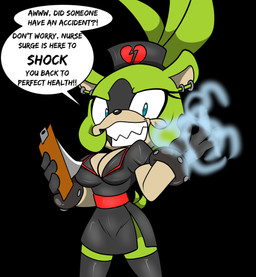 anthro big_breasts black_body black_clothing black_dress black_fur black_gloves black_handwear black_latex black_legwear black_thigh_highs blue_eyes breasts clipboard clothed clothed_anthro clothed_female clothing dialogue dress ear_piercing ear_ring electricity electricity_manipulation elemental_manipulation female fur gloves green_body green_fur green_hair hair handwear headgear headwear latex latex_clothing latex_dress latex_legwear latex_thigh_highs legwear looking_at_viewer multicolored_body multicolored_fur nurse nurse_clothing nurse_headwear piercing ring_piercing solo speech_bubble tail text thigh_highs two_tone_body two_tone_fur wearing_gloves chaoscroc idw_publishing sega sonic_the_hedgehog_(comics) sonic_the_hedgehog_(idw) sonic_the_hedgehog_(series) surge_the_tenrec afrosoricid mammal tenrec 2026 english_text hi_res