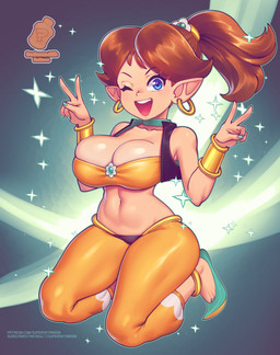 big_breasts breasts cleavage clothed clothing double_v_sign feet female gesture hand_gesture huge_breasts humanoid_pointy_ears kneeling looking_at_viewer navel not_furry one_eye_closed open_mouth open_smile pointy_ears smile smiling_at_viewer solo text v_sign wink winking_at_viewer supersatanson mario_bros nintendo shantae_(series) wayforward princess_daisy genie humanoid 2025 absurd_res hi_res url