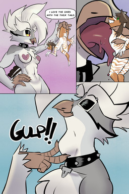 ambiguous_gender anthro anthro_pred areola avian_pred black_eyelids breasts collar extreme_size_difference eyebrow_piercing facial_piercing female female_pred fully_inside hair hand_on_hip hand_on_neck hand_on_own_neck heart_areola heart_symbol holding_character holding_tail larger_anthro larger_female larger_pred licking navel neck_bulge nipples non-mammal_breasts oral_vore piercing size_difference skinny_female smaller_ambiguous smaller_anthro studded_collar studs swallowing tail tongue tongue_out vore white_hair willing_prey gothmeup joy_(shammy) aquatic avian bird fish owl 2:3 absurd_res comic digital_media_(artwork) hi_res