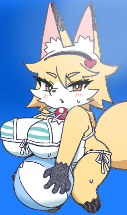 2_tails accessory anthro ball beach_ball big_breasts bikini blush blush_lines bodily_fluids breasts chest_tuft clothing dipstick_ears dipstick_tail ear_markings female fluffy fluffy_chest gem gloves_(marking) hair hair_accessory hairband heart_symbol huge_breasts inflatable inner_ear_fluff kemono markings multi_tail multicolored_ears open_mouth pattern_bikini pattern_clothing pattern_swimwear short_stack solo striped_bikini striped_clothing striped_swimwear stripes sweat swimwear tail tail_markings translucent translucent_hair tuft two-piece_swimsuit nyaromeron mahou_shoujo_full_heart kokon canid canine fox mammal