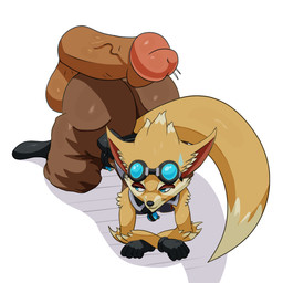 all_fours anthro belt belt_pouch big_butt bodily_fluids boots butt clothed clothing duo eyewear eyewear_on_head footwear frown genitals gloves goggles goggles_on_head handwear huge_butt humanoid_genitalia humanoid_penis hyper hyper_butt jumpsuit looking_back male male/male penis popped_collar potion_bottle presenting presenting_hindquarters shaking_butt shoes shoulder_pads simple_background size_difference small_waist solo_focus sweat sweatdrop wide_hips monana-yo1 hi-rez_studios paladins_(game) pip_(paladins) vulpin 1:1 hi_res
