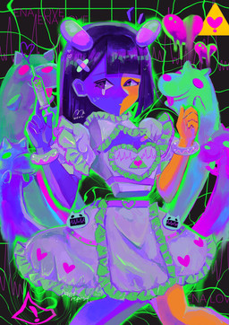 alternative_fashion ambiguous_gender bangle black_eyes black_hair blep blue_body blush bodily_fluids bracelet breasts clothed clothing drugs eyebrows female feral floating_arms floating_head floating_torso group hair heart_symbol j-fashion jewelry menhera multicolored_body pills simple_background smile split_color sweat syringe tears text tongue tongue_out topwear two_tone_body yellow_body usagimarumei ena_(series) ena_(web_series) ena_(joel_g) hourglass_dog_(ena) canid canine canis digital_creature domestic_dog ena_(species) humanoid mammal digital_media_(artwork) english_text hi_res