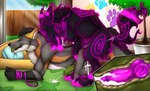 all_fours animal_genitalia animal_penis anthro anthro_on_feral anthro_penetrated bestiality black_body black_fur black_hair bodily_fluids canine_genitalia canine_penis claws cum cum_in_ass cum_inside cumshot cutaway duo ejaculation erection eyes_closed feral feral_penetrating feral_penetrating_anthro from_behind_position fur genital_fluids genitals green_penis green_tongue grey_body grey_fur hair internal internal_anal knot male male/male male_penetrated male_penetrating male_penetrating_male markings open_mouth orange_body orange_fur outside pawpads penetration penis pink_claws pink_markings pink_pawpads pink_penis pink_tongue sex short_hair side_view tongue tongue_out killthe_demon canid canine mammal hi_res