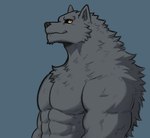 abs amber_eyes anthro fangs fur grey_body grey_fur male muscular muscular_male simple_background smile solo teeth dynogreeno wulfgard canid canine canis deity mammal wolf hi_res