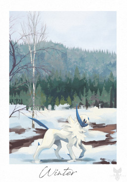 ambiguous_gender blue_body claws cross cross_necklace day digitigrade feral finger_claws forest fur horn jewelry necklace outside plant quadruped red_eyes sky snow solo tail text toe_claws tree white_body white_fur winter tenebscuro nintendo pokemon white_fang_(tenebscuro) absol generation_3_pokemon pokemon_(species) 2025 digital_drawing_(artwork) digital_media_(artwork) english_text hi_res shaded watermark