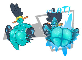 against_surface anthro ass_on_glass big_butt blue_eyes bubble_butt butt butt_focus cleaning dripping dripping_wet eyewear fin glass glistening glistening_butt goggles grin grinning_at_viewer head_fin hip_fins hip_sway looking_at_viewer male motion_lines on_glass on_one_leg onomatopoeia orange_cheeks raised_leg rear_view shortstack shortstack_male simple_background smile smiling_at_viewer smug solo sound_effects standing teal_body teasing teasing_viewer teasing_with_butt text thick_thighs wide_hips thenimbusdimbus nintendo pokemon finn_(thenimbusdimbus) generation_3_pokemon marshtomp pokemon_(species) 2025 colored digital_media_(artwork) hi_res