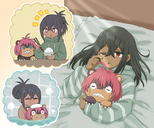 anthro bath bathing_together bed blush brown_body brown_fur chopsticks clothing dark_body dark_skin duo eating food fur furniture hair hair_bun hug long_hair male pajamas pillow pink_hair plushie ponytail red_eyes rice sharp_teeth sleeping teeth waking_up kadoko5 bandai_namco digimon digimon_beatbreak granit_(digimon_beatbreak) animate_inanimate digimon_(species) human living_plushie ludomon mammal