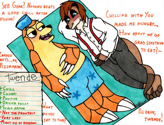 anthro belly biped black_nose blue_eyes blue_short blush bottomwear brown_body claws clothing dialogue duo hat headgear headwear lying male male/male open_mouth pants shirt shorts slightly_chubby smile suspenders text topwear awgear twende_(series) twende_(twende) herpestid mammal meerkat pangolin 2026 english_text