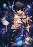 5_fingers abs biped black_hair blue_eyes blue_tongue bulge fingers forked_tongue group hair heterochromia humanoid_pointy_ears male muscular muscular_humanoid muscular_male not_furry pecs pointy_ears solo tongue tongue_out nemuimori humanoid spirit absurd_res hi_res