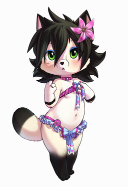 accessory anthro biped black_hair black_markings black_nose bow_ribbon breasts cheek_tuft chibi clothed clothing collar dipstick_tail eyebrows facial_tuft female flower flower_in_hair frilly frilly_clothing green_eyes hair hair_accessory leg_markings looking_at_viewer markings navel open_mouth plant simple_background skimpy small_breasts socks_(marking) solo standing tail tail_markings tuft white_background white_body young young_anthro young_female cream.pup athanasius ambiguous_species canid canine mammal 2024 maleherm_(lore)