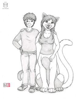 bottomless breasts cleavage clothed clothing digitigrade facial_markings female fur hair head_markings male markings quadruped tail whiskers kacey chakat_snowrose kanrod_(character) chakat felid felid_taur humanoid mammal mammal_taur stavoyan taur 2015 greyscale monochrome herm_(lore)