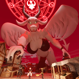 2_tails anthro axe barefoot battle_axe big_breasts bill_cipher_zodiac black_body black_bottomwear black_bra black_clothing black_loincloth black_nails black_scales black_underwear bottomwear bra bracelet breasts chest_wraps clothed clothing colored_nails crossbow dipstick_tail ear_piercing feathered_wings feathers feet female fur glowing glowing_eyes group horn jewelry larger_female loincloth looking_up looming macro markings medieval melee_weapon multi_tail multicolored_tail nails occult_symbol piercing ranged_weapon red_body red_fur red_sky ring scales sigil size_difference skimpy sky spade_tail star sword symbol tail tail_markings teeth tongue tongue_out underwear weapon white_body white_fur wings wraps yellow_eyes issilora_(artist) petruz_(modeler) disney gravity_falls baphomet_(deity) crocodile_(petruz) noriko_(petruz) bovid canid canine caprine caprine_demon crocodilian deity demon fox goat goat_demon mammal reptile scalie unknown_species 1:1 2020 3d_(artwork) absurd_res digital_media_(artwork) hi_res