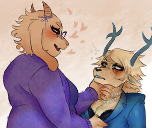 2_horns 5_fingers anthro anthro_on_anthro antlers aroused_face bedroom_eyes black_bra black_clothing black_makeup black_underwear blonde_hair blue_antlers blue_clothing blue_eyes blue_inner_ear blue_lips blue_nose blue_topwear blush blush_lines bodily_fluids bra bra_grab bra_pull breasts chin_grab claws cleavage clothed clothed_anthro clothed_female clothing clothing_pull countershade_face countershade_torso countershading digit_ring duo ears_back embarrassed eye_contact eyelashes eyewear female female/female female_anthro finger_claws finger_ring fingers flesh_fang floppy_ears freckled_face freckles fur furrowed_eyebrows glasses glistening_eyelids hair head_horn heart_reaction horn jewelry lace_bra lips long_eyelashes looking_at_another lop_ears mature_anthro mature_female medium_breasts narrowed_eyes necklace nervous nervous_sweat open_mouth open_smile pivoted_ears purple_clothing purple_shirt purple_sweater purple_topwear red_eyes seductive shirt short_hair side_view simple_background skinny_anthro skinny_female slightly_chubby slightly_chubby_anthro slightly_chubby_female smile snowflake_pattern sweat sweater tan_body tan_countershading tan_fur tear_trough textured_background topwear tremble_spikes underwear underwear_pull wearing_glasses white_body white_fur manglestar deltarune undertale_(series) carol_holiday toriel toriel_(deltarune) boss_monster_(undertale) bovid caprine deer goat mammal new_world_deer reindeer 2026 absurd_res digital_drawing_(artwork) digital_media_(artwork) english_description half-length_portrait hi_res portrait signature watermark