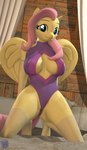 anthro anthrofied barely_visible_genitalia barely_visible_pussy big_breasts breasts cleavage_cutout clothed clothing cutout feathers female genitals hair kneeling pink_hair pussy solo wings yellow_body yellow_feathers antonsfms friendship_is_magic hasbro my_little_pony mythology fluttershy_(mlp) equid equine mammal mythological_creature mythological_equine pegasus 3d_(artwork) absurd_res digital_media_(artwork) hi_res