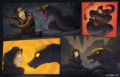 black_body black_scales bound captured caught cave chasing coiling dark_body dark_scales duo fangs fangs_bared female female/female feral head_crest head_spines headlamp hypnosis hypnotic_eyes lamp male mind_control mouth_shot open_mouth pale_skin purple_mouth purple_tongue scales sharp_teeth teeth tongue tongue_out underground yellow_eyes spicynoodleart vetiscia_(oc) deity human mammal reptile scalie snake comic hi_res story story_at_source story_in_description