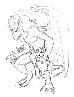 anthro belt bottomwear claws clothed clothing featureless_chest hair horn humanoid_pointy_ears loincloth loincloth_only male membrane_(anatomy) membranous_wings pointy_ears smile solo tail toe_claws topless wings saiyanhajime disney gargoyles brooklyn_(gargoyles) gargoyle scalie monochrome sketch