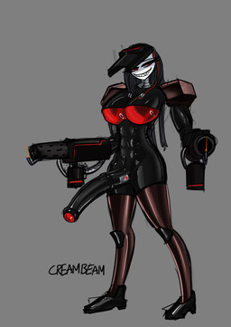 big_breasts big_penis breasts face_shield fire flamethrower genitals grin gynomorph half-erect intersex machine mask muscular penis ranged_weapon sharp_teeth smile solo teeth text warning_label weapon welding_mask wire_hair creambeam helldivers hulk_(helldivers) android automaton humanoid robot robot_humanoid absurd_res english_text hi_res
