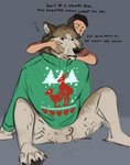 anatomically_correct anatomically_correct_genitalia animal_genitalia annoyed anthro balls christmas_clothing clothing duo face_squish fully_sheathed fur genitals holidays male male/male sheath sheath_slit sitting squish sweater topwear y_sheath_opening sepulte christmas reyes_(sepulte) canid canine canis human mammal wolf hi_res